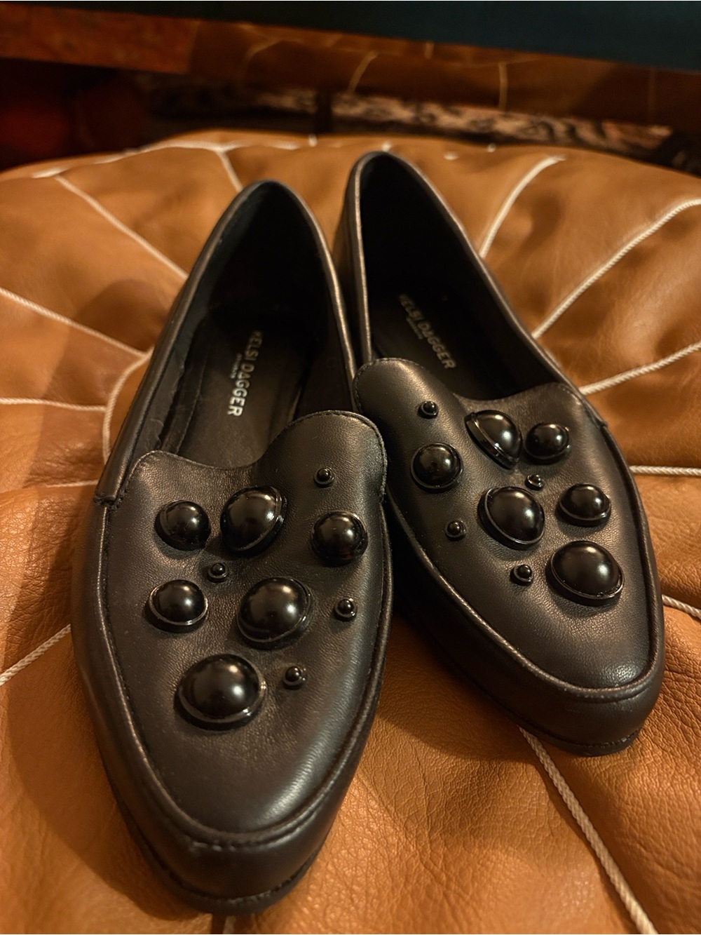 Kelsi Dagger Black Leather Beaded Pointed-Toe Flats